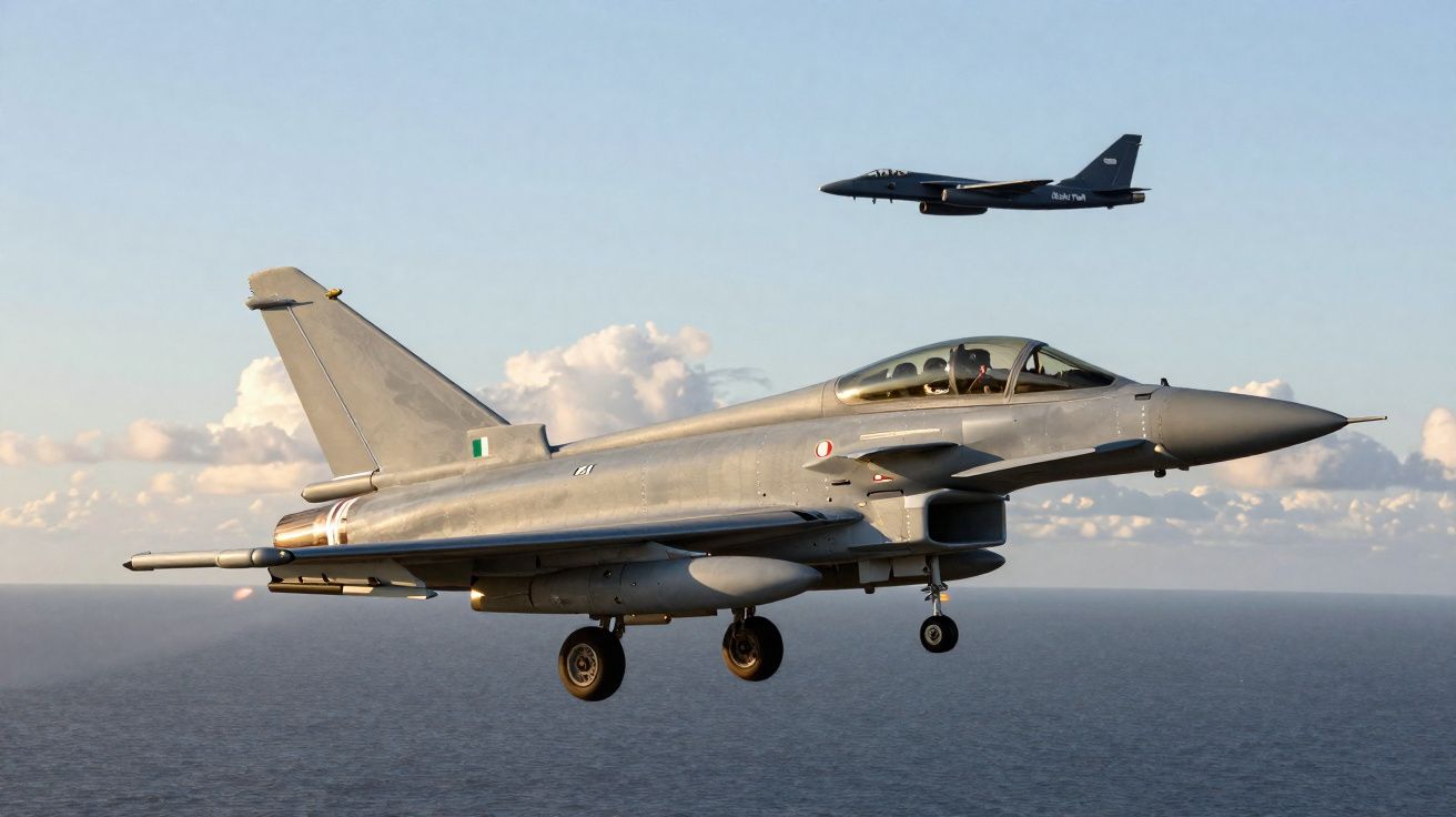 Jato militar cinzento em voo sobre o mar com céu limpo e outro jato a voar ao fundo.