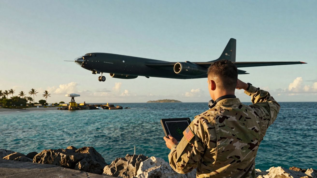 Soldado observa avião militar preto a voar sobre o mar durante o pôr do sol numa costa rochosa.