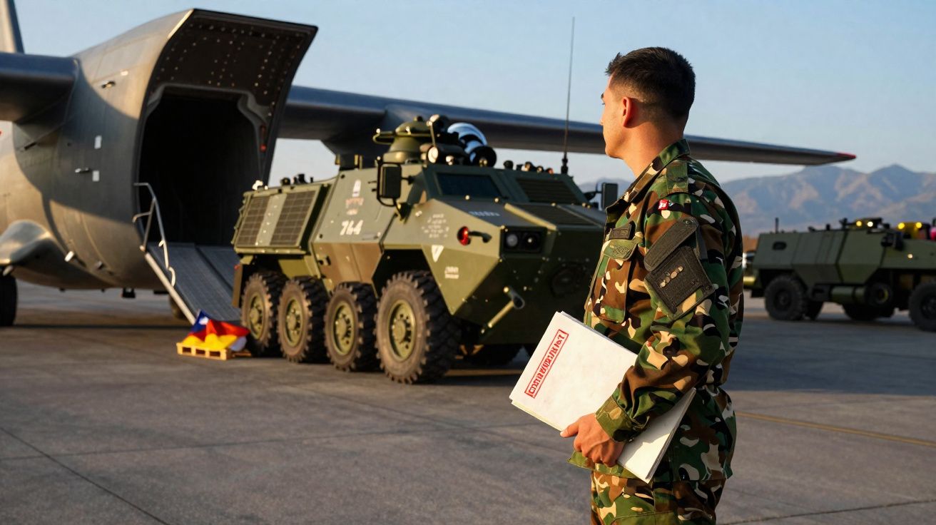 Militar em uniforme observa veículo militar blindado sendo carregado em avião de carga no aeroporto.