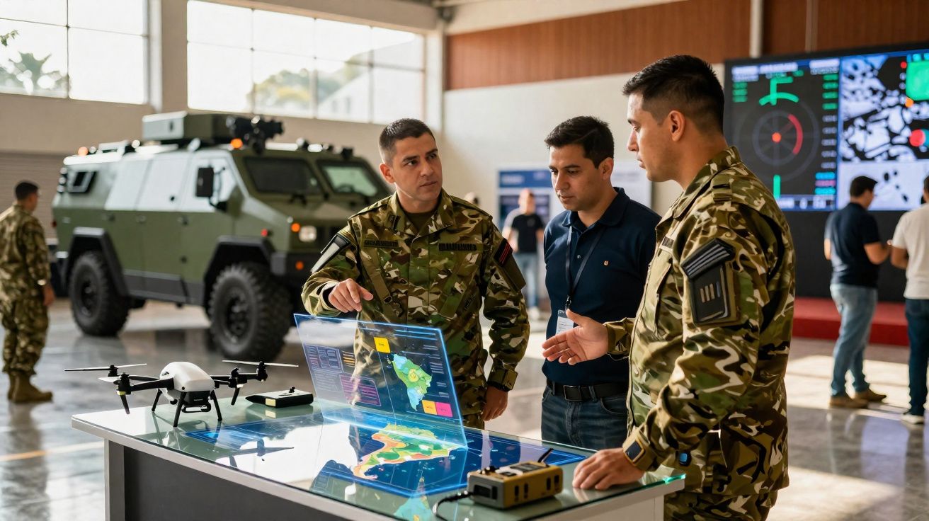 Três homens, dois em farda militar, analisam dados num ecrã holográfico com drone e veículo militar ao fundo.