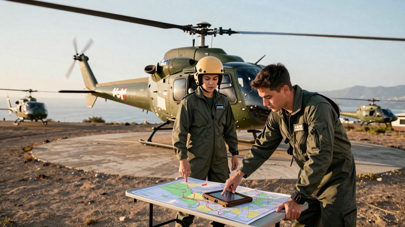 Dois pilotos militares em uniforme consultam um mapa sobre uma mesa, com helicópteros ao fundo ao pôr do sol.