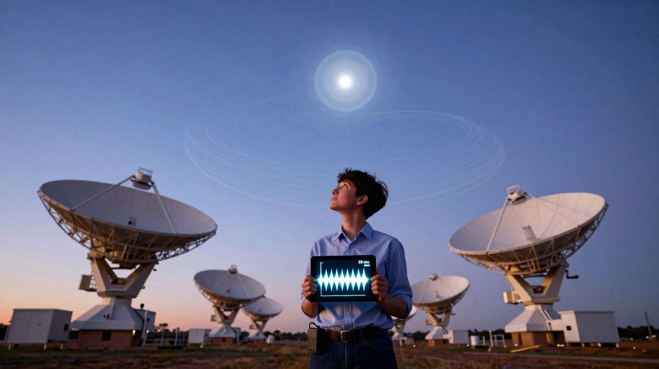 Pessoa com tablet a analisar sinais de ondas diante de antenas parabólicas ao anoitecer.