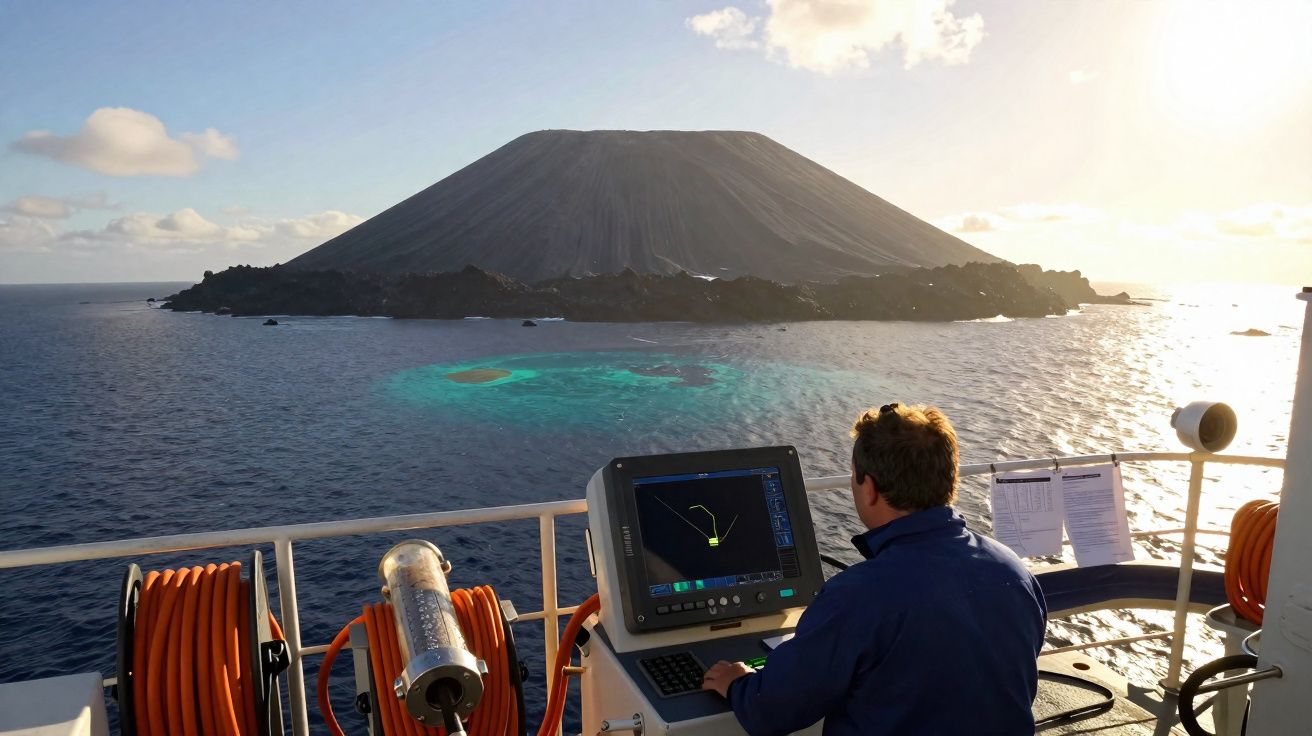 Homem navega num barco perto de ilha vulcânica com água azul cristalina ao pôr do sol.