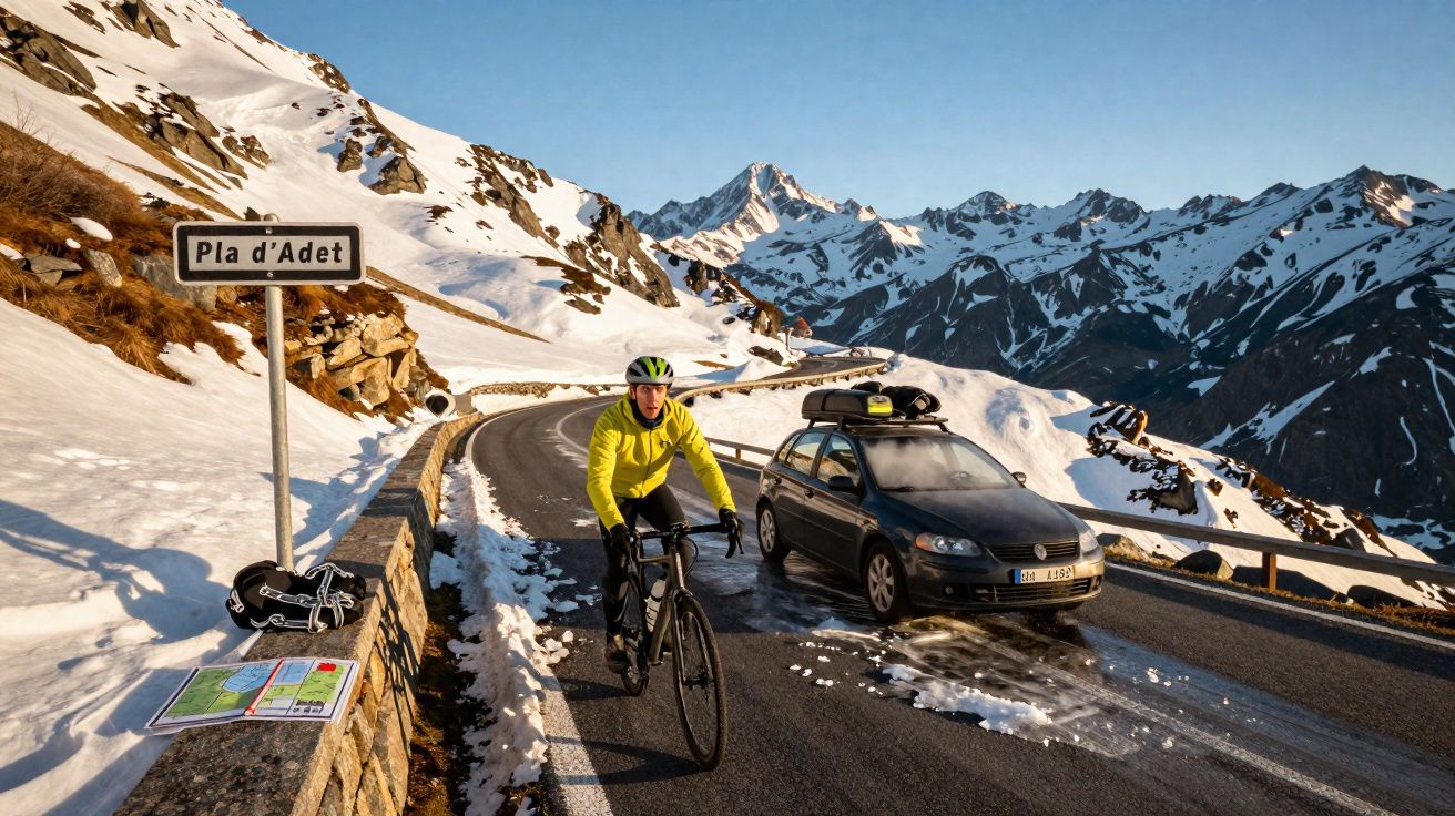 Ciclista de amarelo na estrada montanhosa com neve, carro estacionado e placa Pla d'Adet ao lado.
