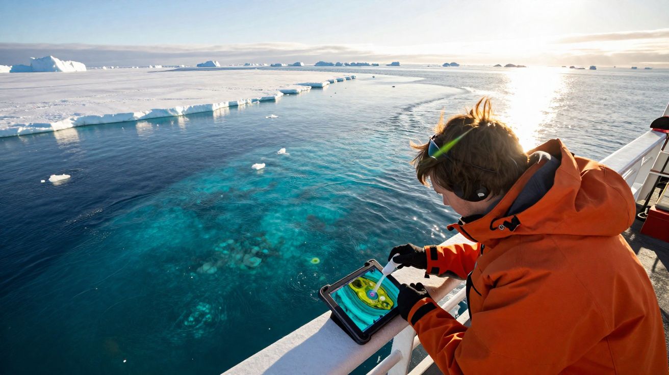 Pessoa com casaco laranja usa tablet no convés de um barco rodeado por gelo e água azul no Ártico.