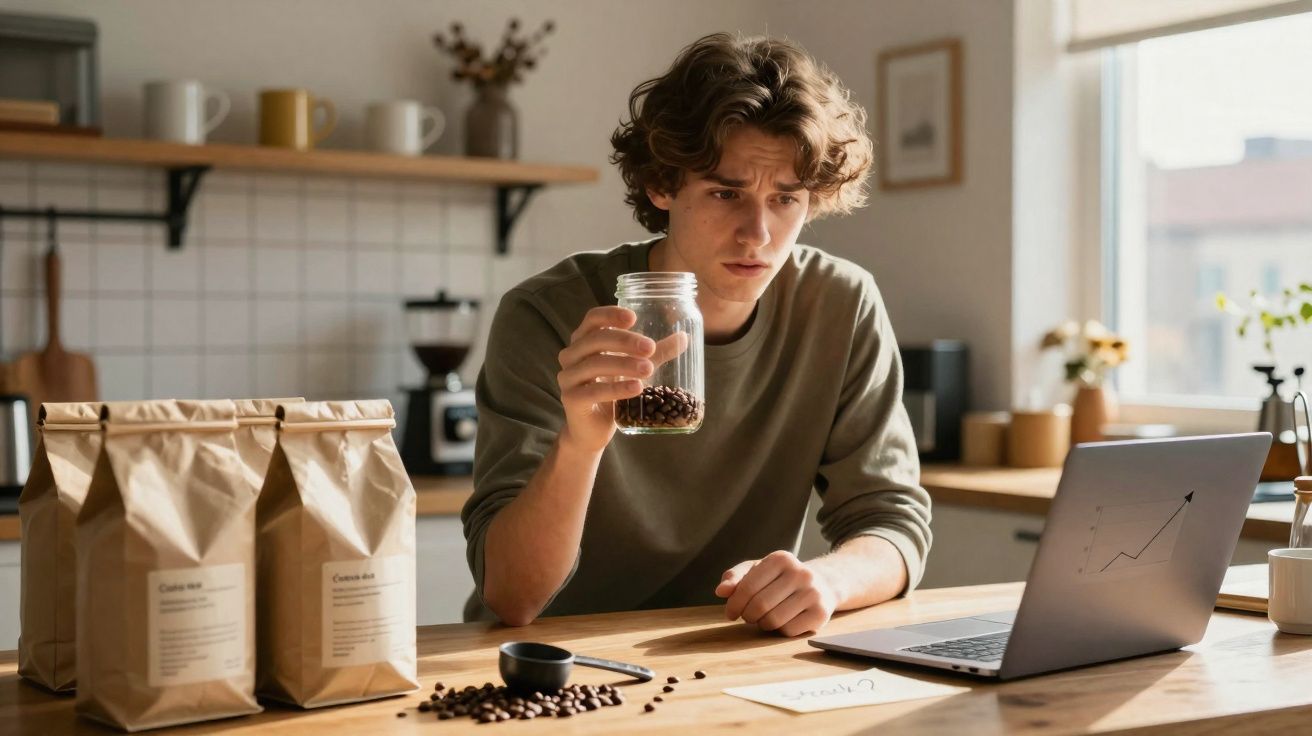 Jovem com expressão preocupada segura frasco com grãos de café enquanto observa gráfico no portátil numa cozinha.