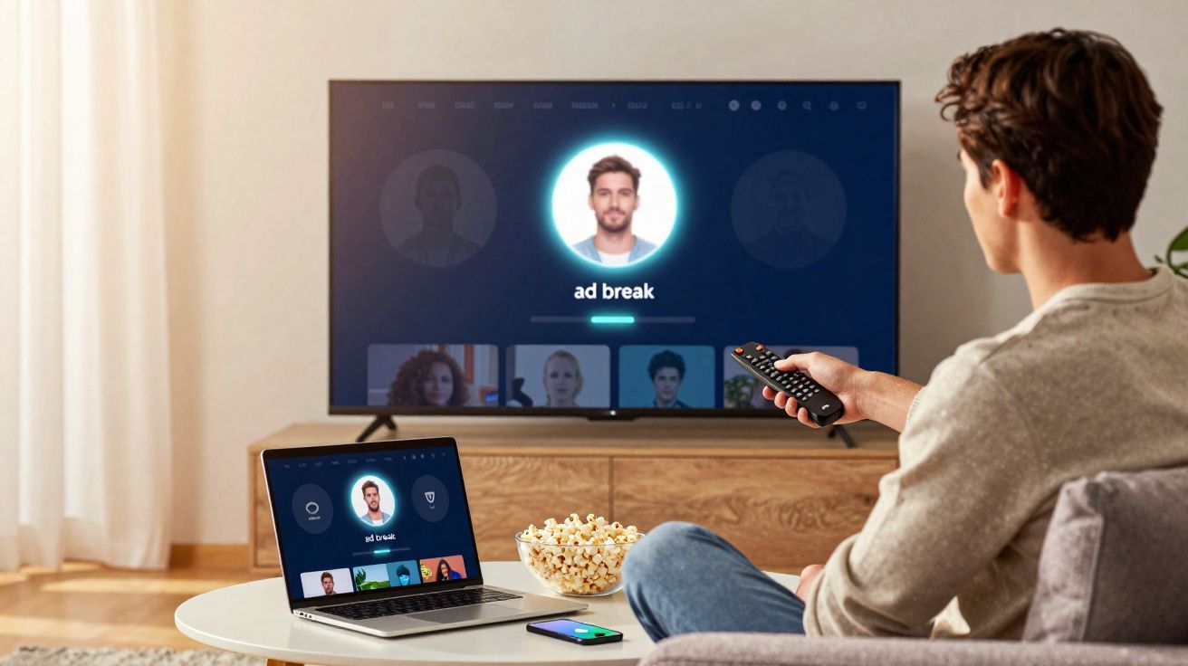 Homem sentado no sofá com comando na mão, a ver televisão em pausa para anúncios, com computador e snacks à frente.