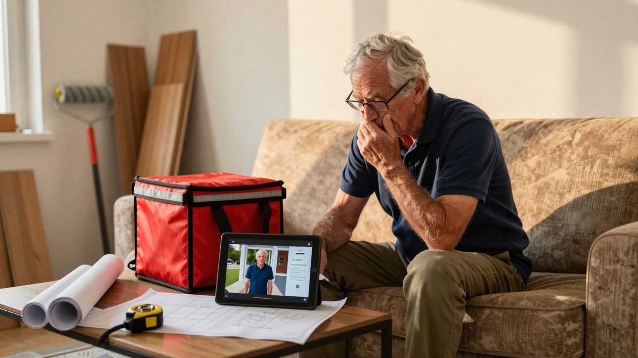 Homem idoso preocupado sentado no sofá a assistir vídeo num tablet com desenhos técnicos e caixa vermelha na mesa.