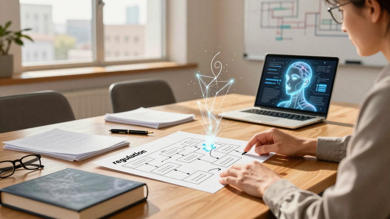 Pessoa a analisar um fluxo de trabalho sobre regulação com gráficos e holograma de inteligência artificial num ambiente de es