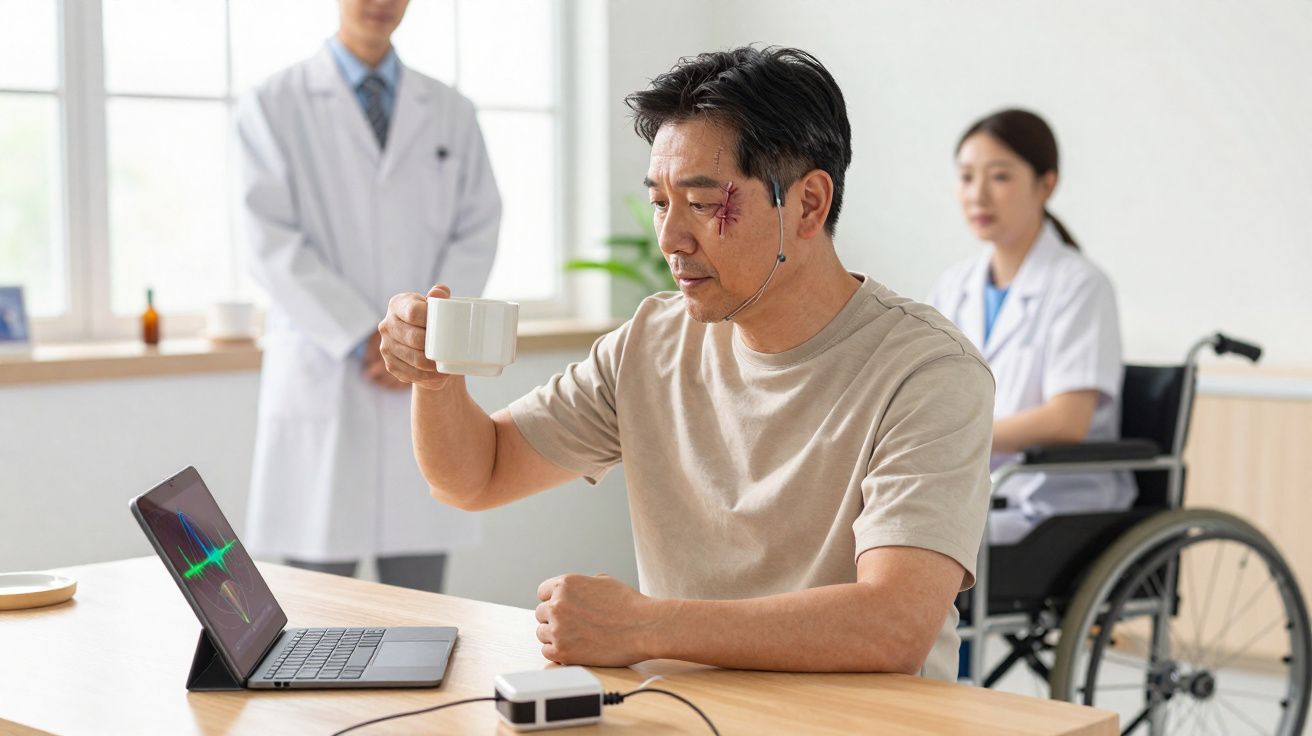 Homem com ciclofacial ligado a sensor a beber de uma chávena, com dois profissionais de saúde ao fundo.