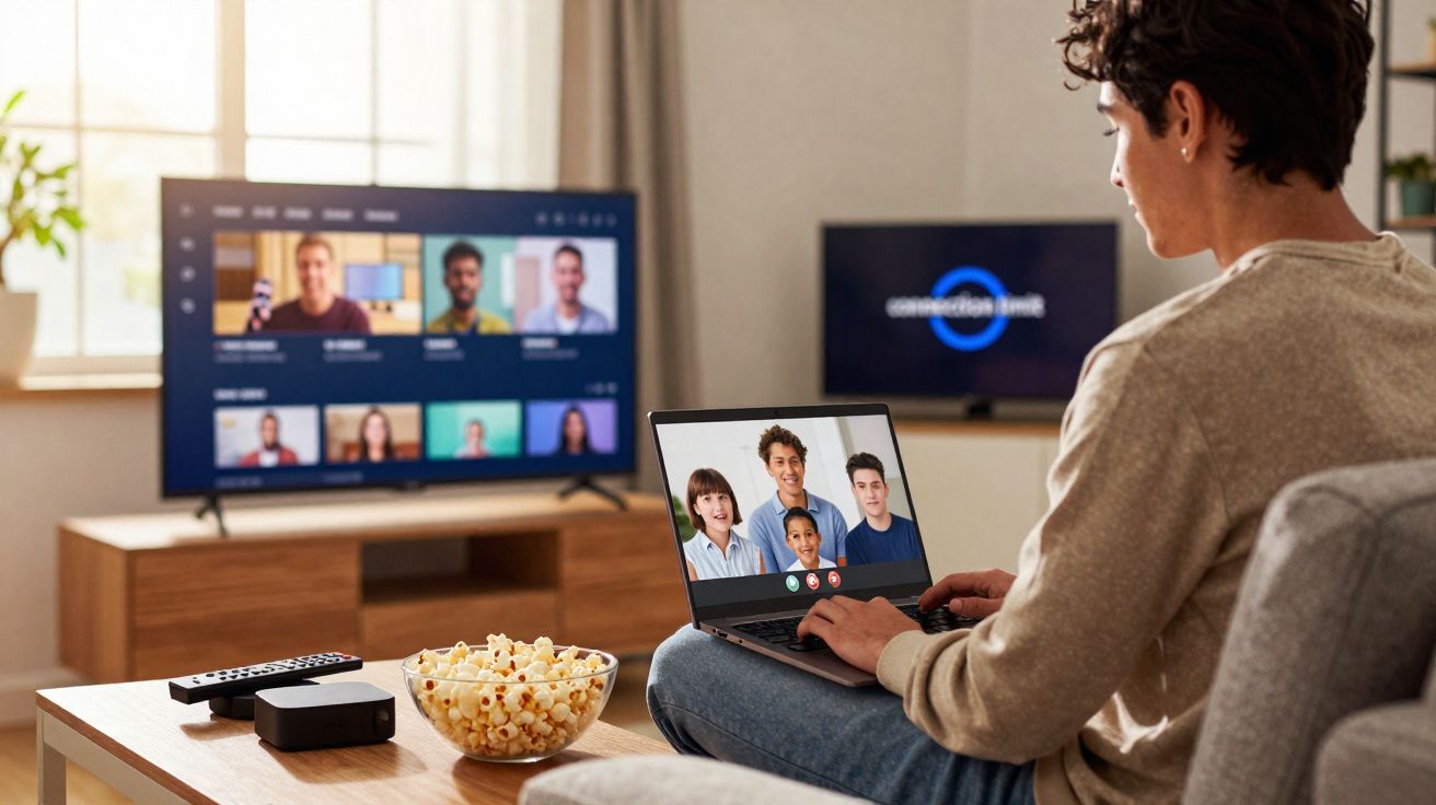 Jovem sentado no sofá em videoconferência no portátil, com televisor ligado e tigela de pipocas na mesa.
