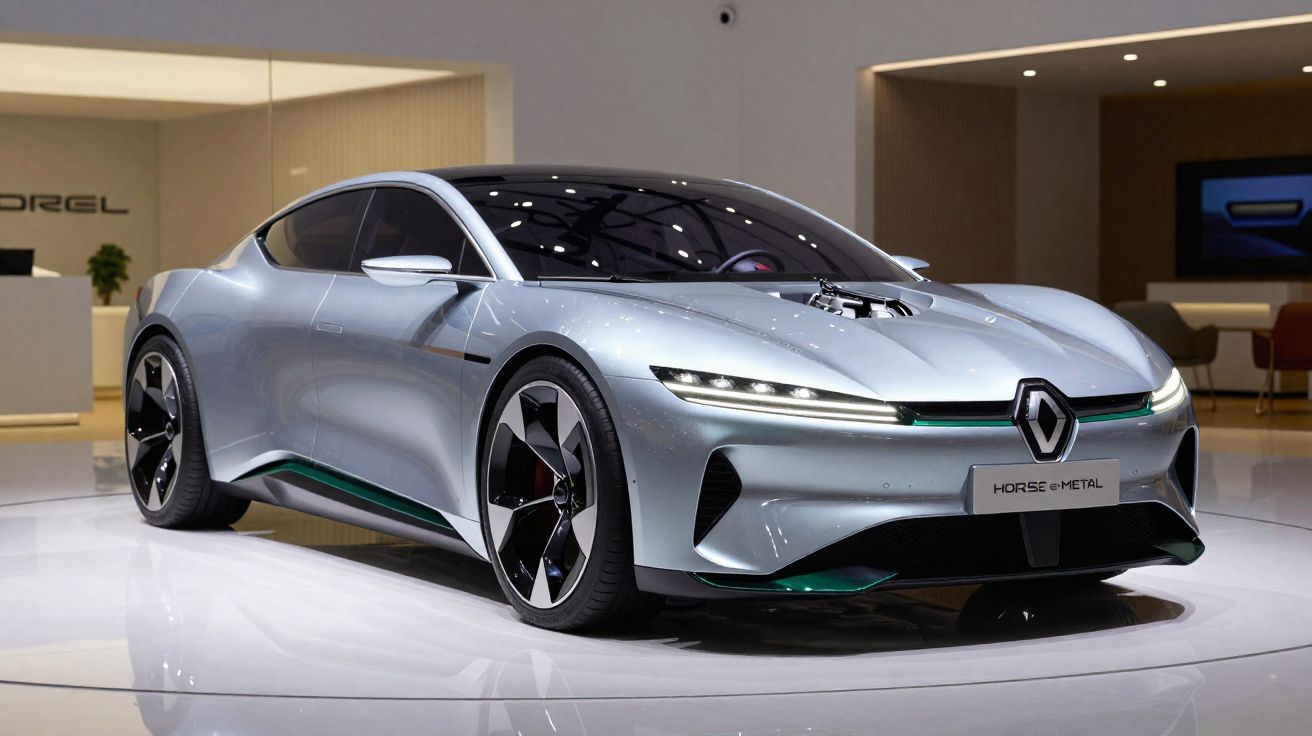 Carro desportivo elétrico prateado Renault Horse e-Metal numa exposição moderna interior.