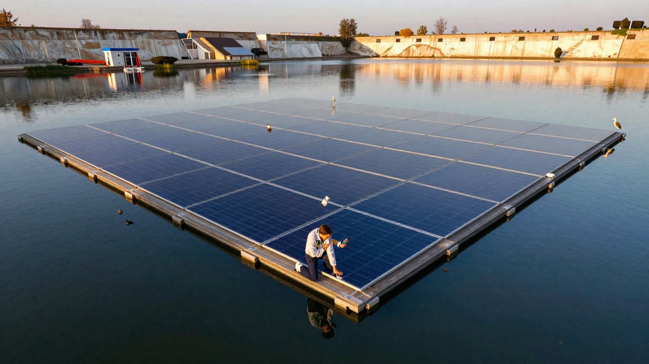 Painel solar flutuante numa superfície de água com pessoa a inspecioná-lo e várias aves em repouso.
