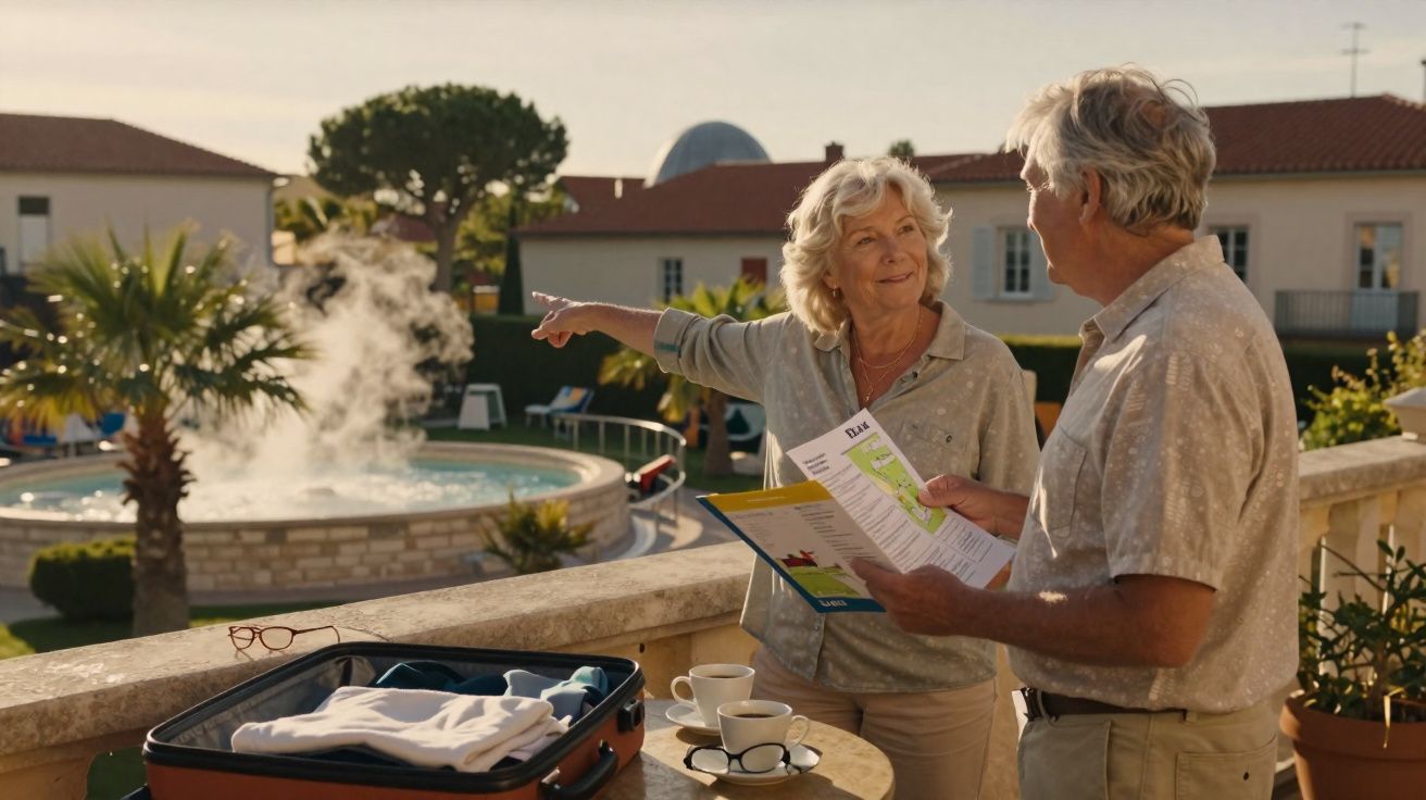 Casal sénior a conversar numa varanda com vista para uma piscina e jardim num dia ensolarado.
