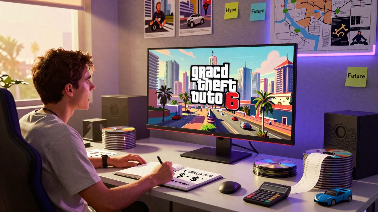 Jovem sentado a desenhar estratégia para o jogo Grand Theft Auto 6 num ambiente de escritório moderno.