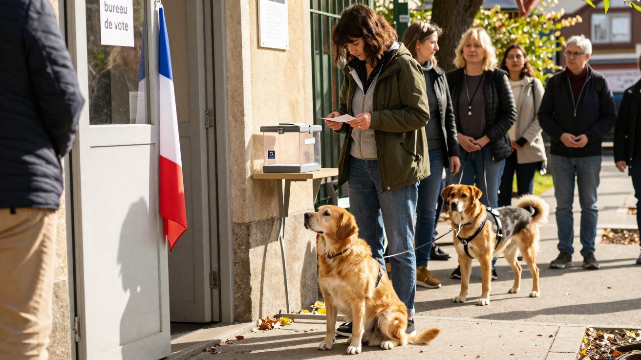 Mulher com cão na fila para votar numa mesa de voto com bandeira francesa à porta.