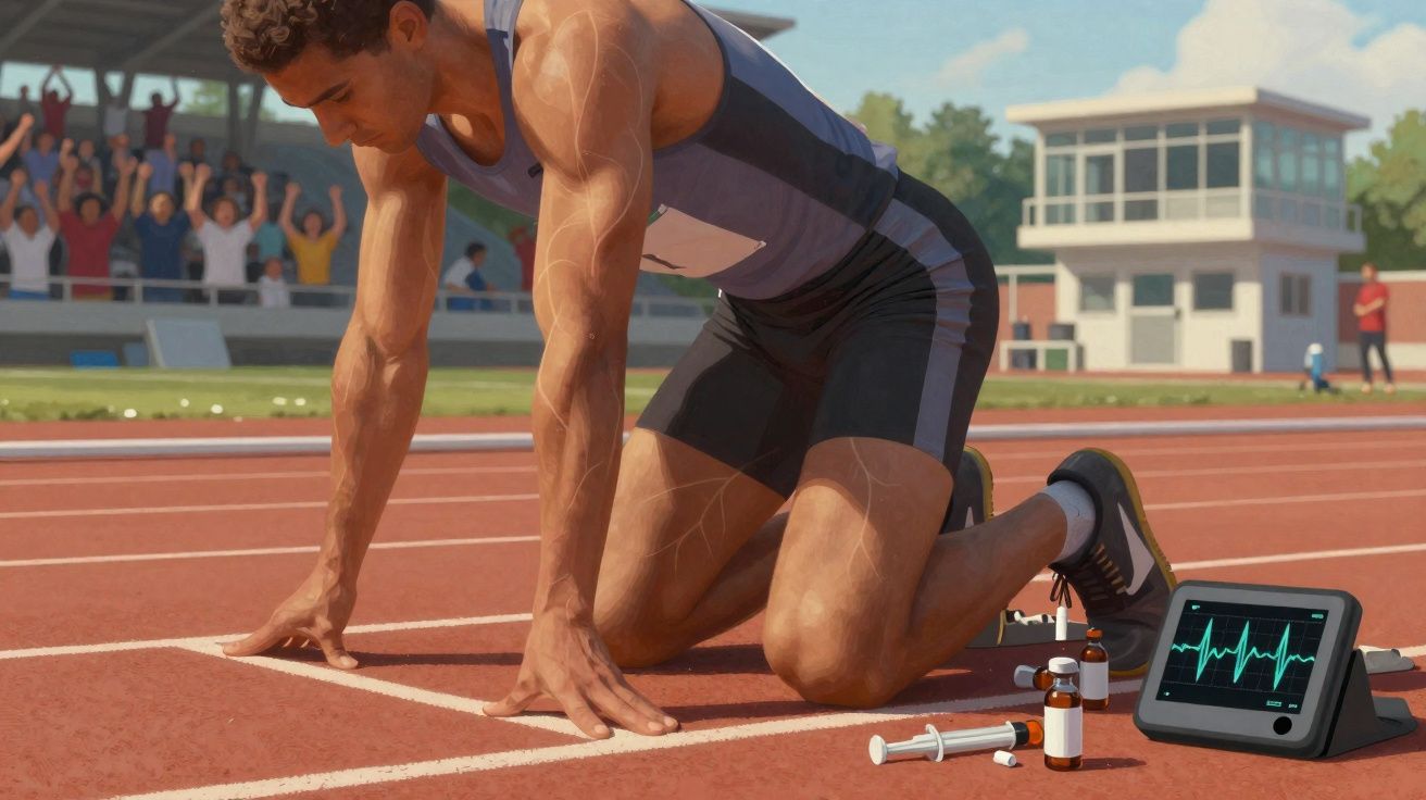 Atleta ajoelhado na pista de corrida, com seringas, frascos e monitor cardíaco ao lado.