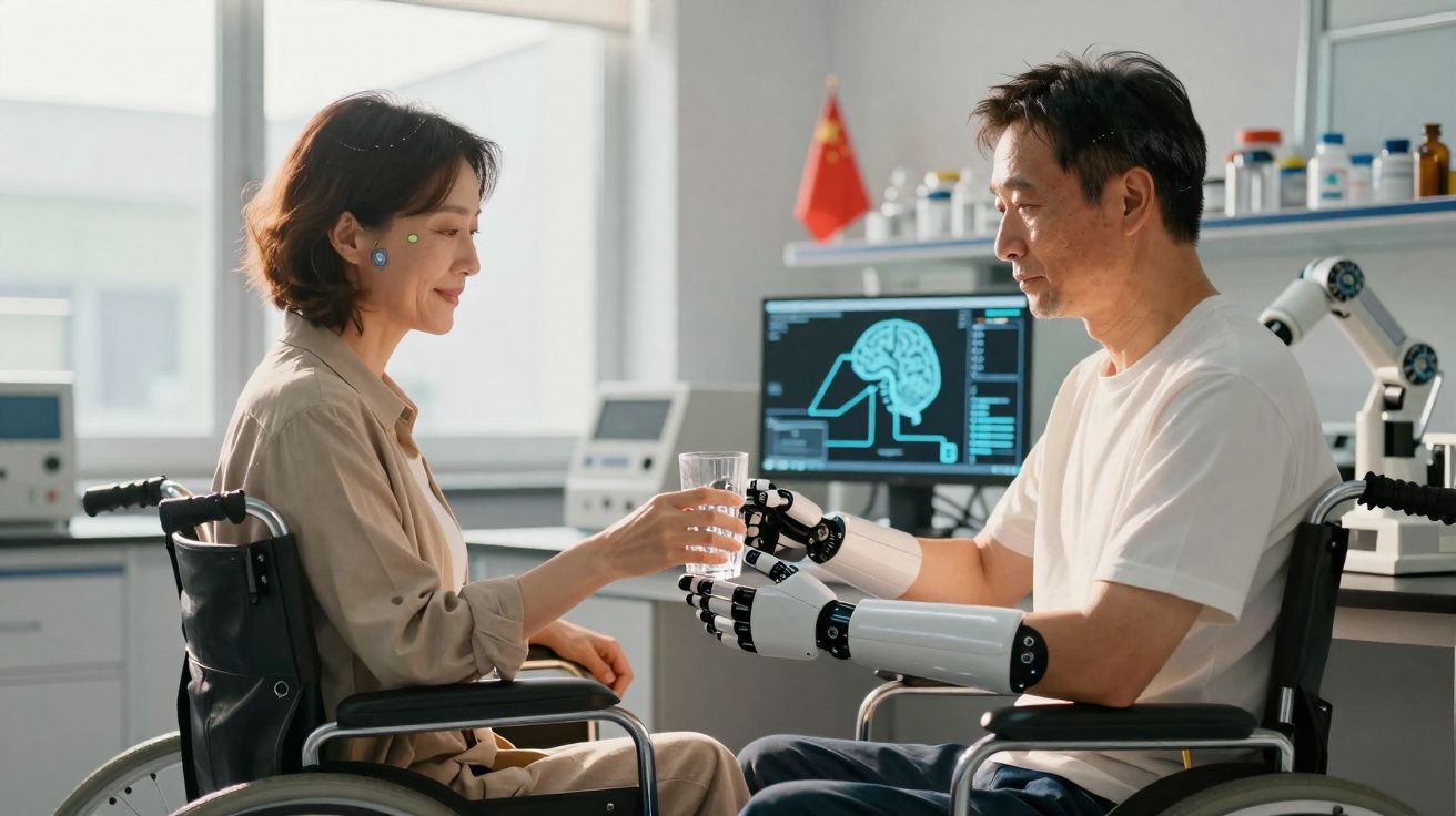 Dois adultos em cadeiras de rodas, um com prótese robótica, trocando um copo de água num laboratório.