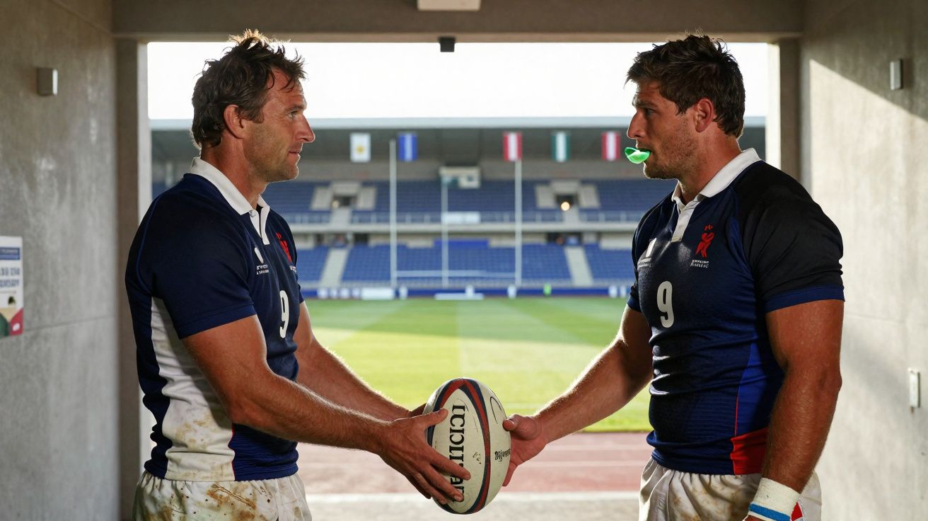 Dois jogadores de râguebi com uniforme azul escuro seguram uma bola enquanto estão num túnel de estádio.