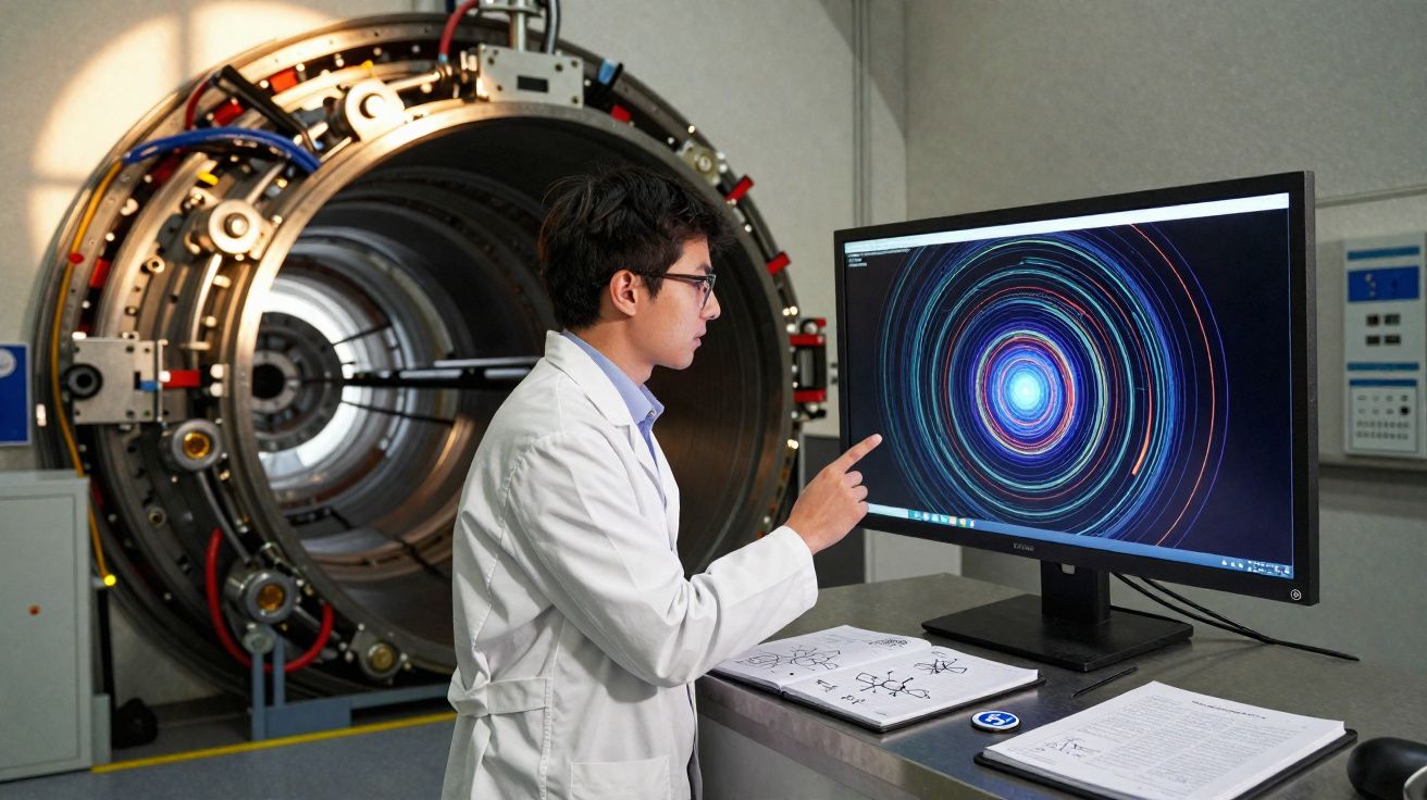 Cientista em bata branca analisa dados num monitor com máquina científica cilíndrica no laboratório.