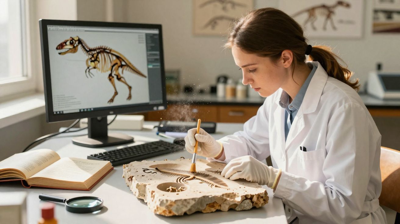 Mulher paleontóloga a limpar fósseis de dinossauro num laboratório com computador e livros.