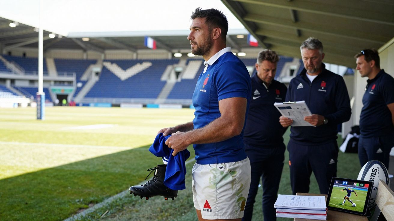 Jogador de râguebi veste chuteiras na beira do campo com equipa técnica ao fundo num estádio vazio.