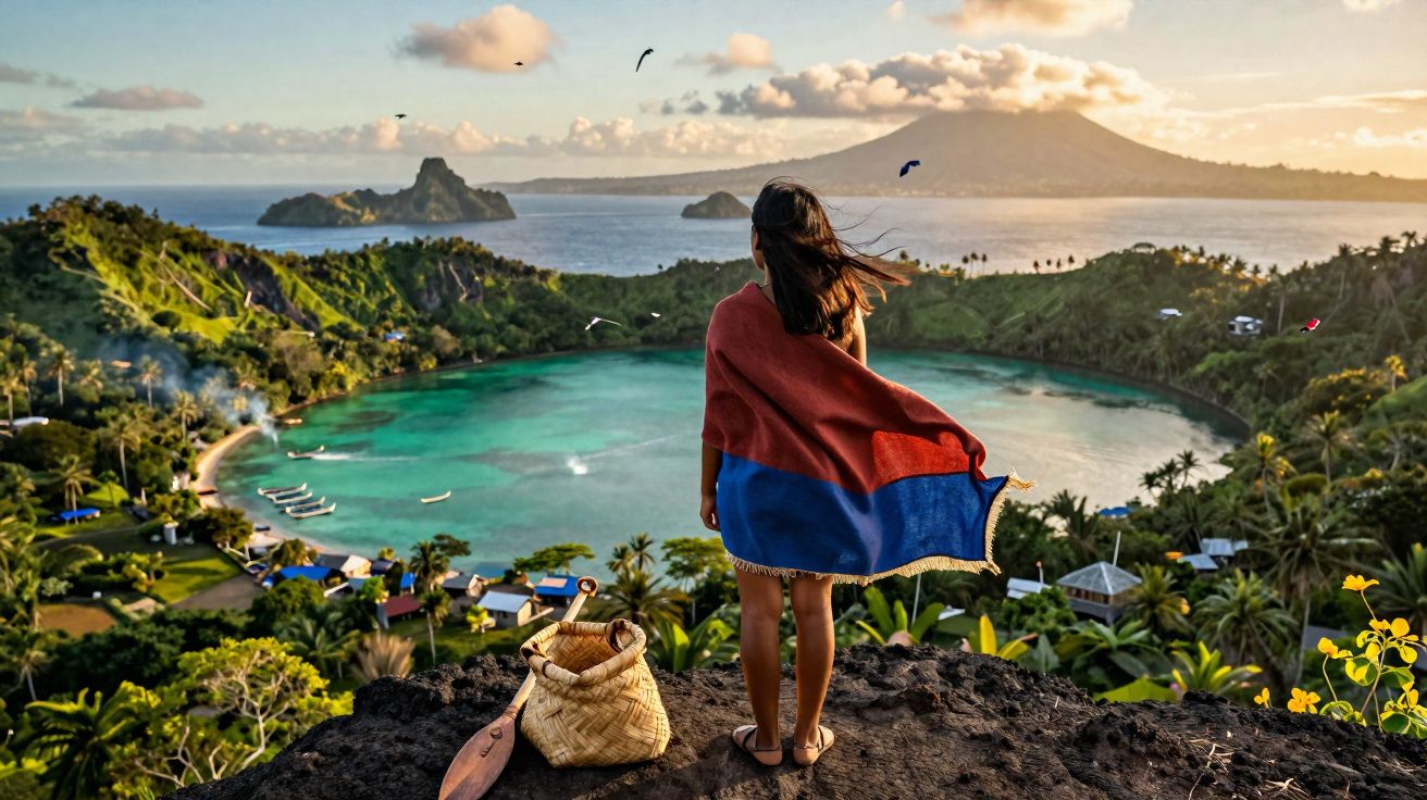 Mulher com manta colorida observa baía e montanha ao pôr do sol em paisagem tropical exuberante.