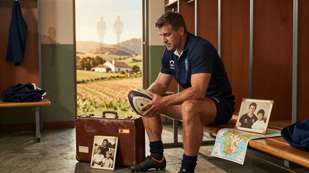 Homem sentado no balneário, segurando bola de rugby, com malas, fotografias antigas e mapa ao redor.