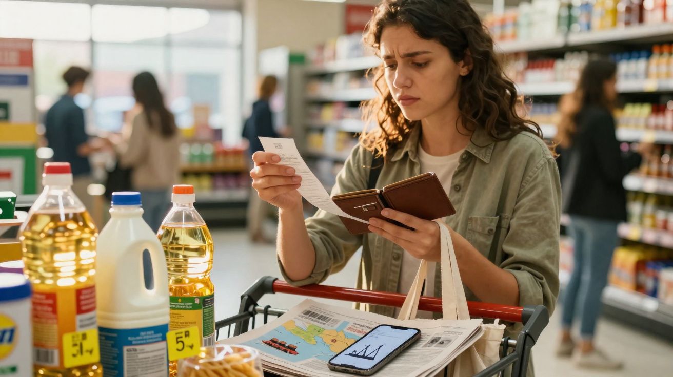 Mulher preocupada a consultar recibo e carteira junto a carrinho de compras num supermercado.