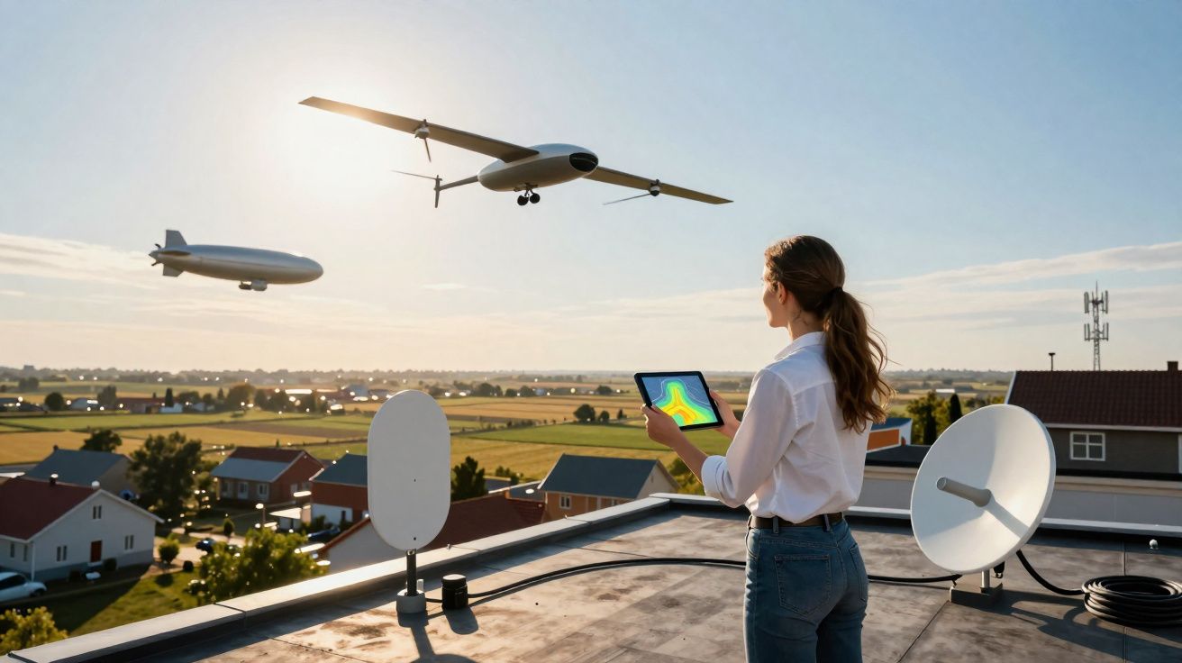 Mulher numa cobertura com tablet, observa drone e dirigível a voar sobre área residencial e campos agrícolas.
