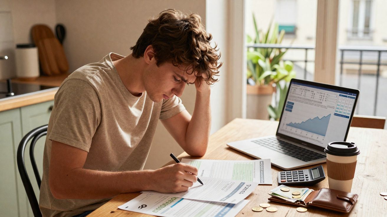 Homem preocupado analisa documentos financeiros e usa computador com gráfico de crescimento numa mesa.