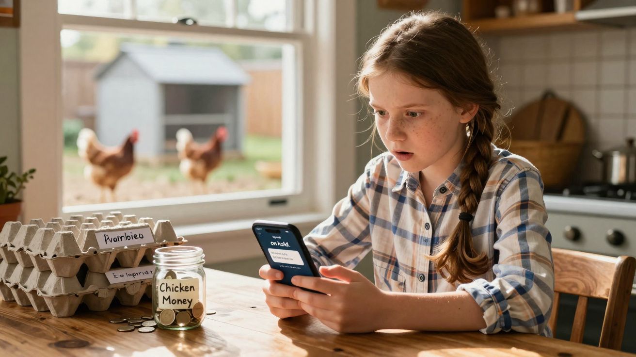 Menina sentada à mesa com ovos, moedas num frasco e duas galinhas no jardim ao fundo.