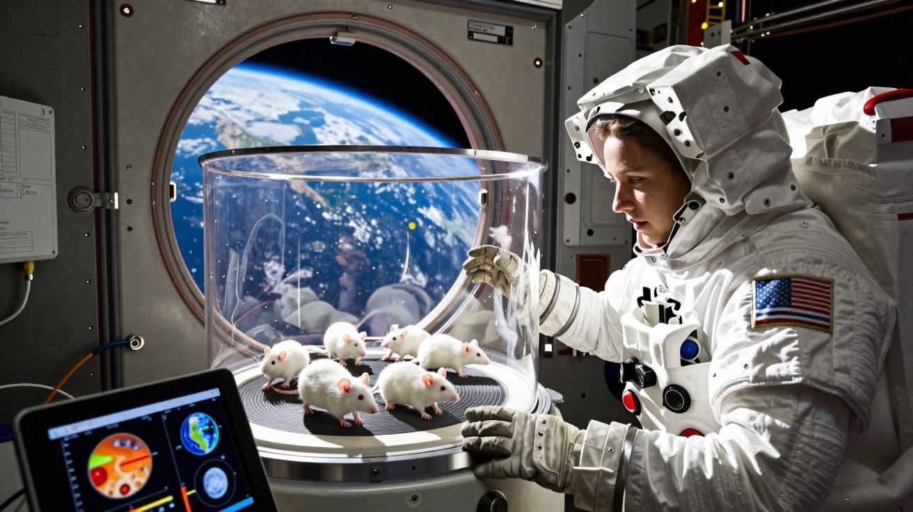 Astronauta observa ratos brancos dentro de um laboratório na estação espacial com a Terra ao fundo.