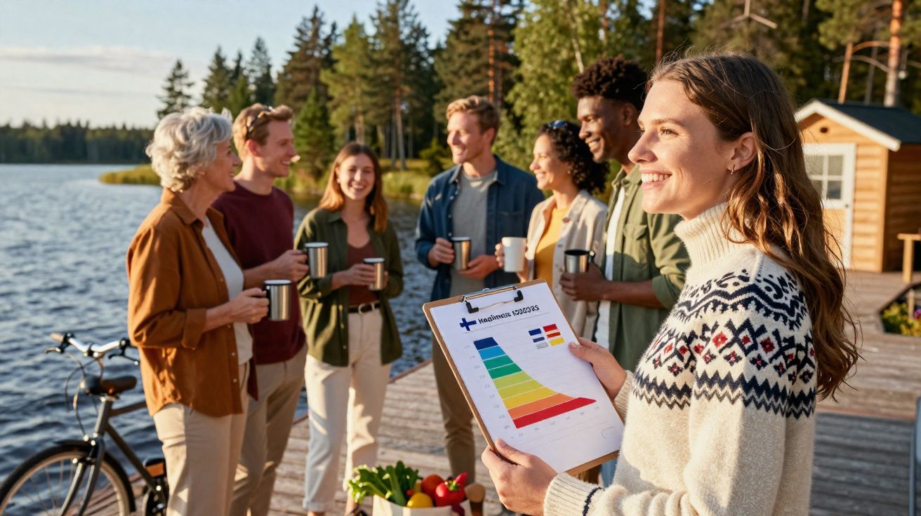 Grupo de seis pessoas a conversar junto a um lago, com uma mulher a sorrir segurando um gráfico na mão.
