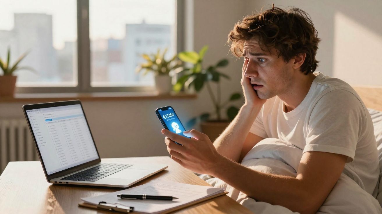 Homem preocupado a olhar para o telemóvel com alerta de dívida, sentado à secretária com portátil e documentos.