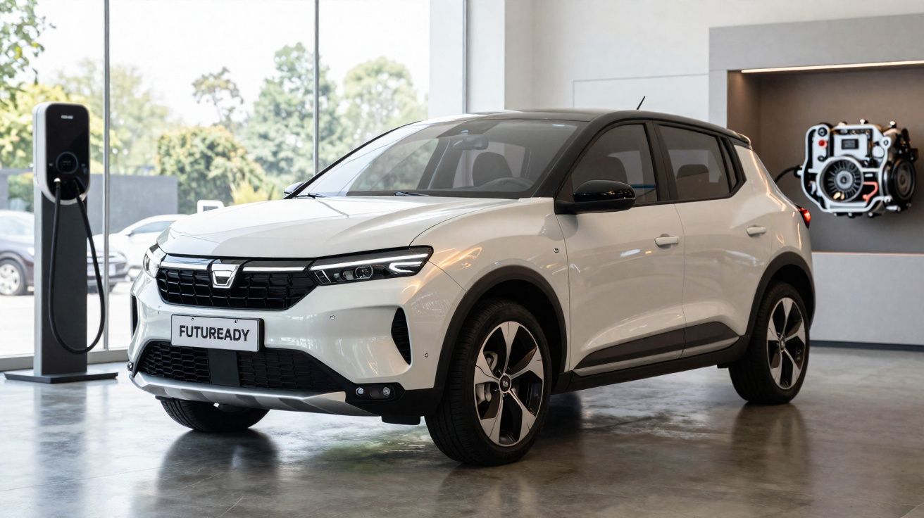 Carro elétrico branco Dacia futurista estacionado em showroom moderno com estação de carregamento ao lado.