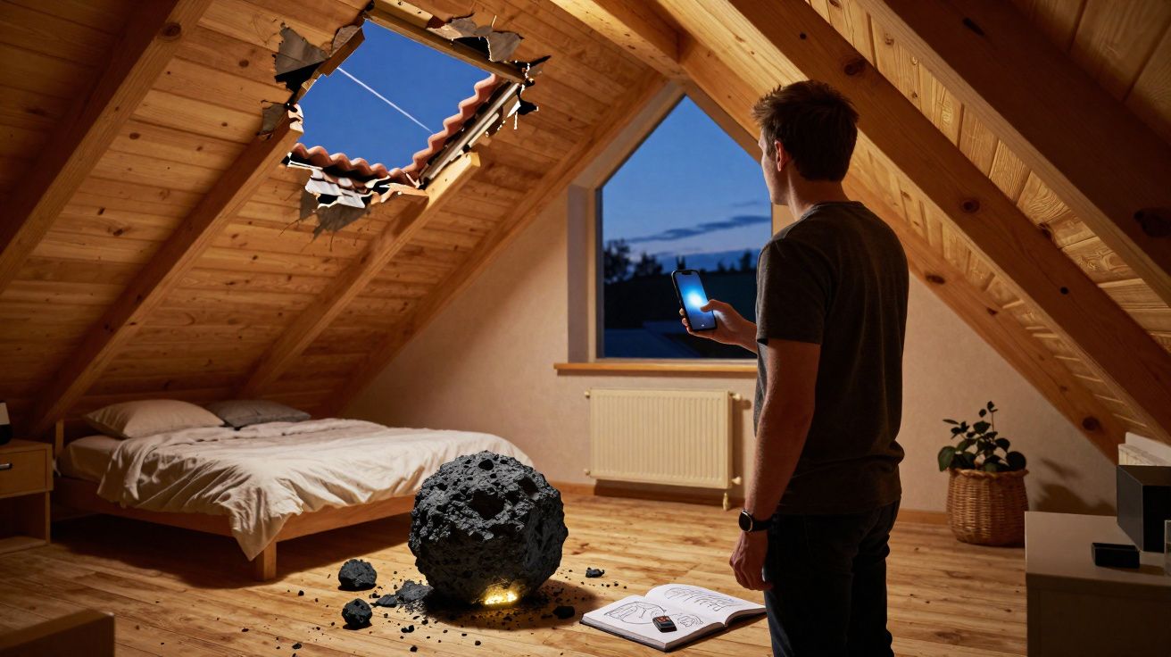 Homem observa buraco no telhado de sótão causado por asteróide com luz no chão à noite.