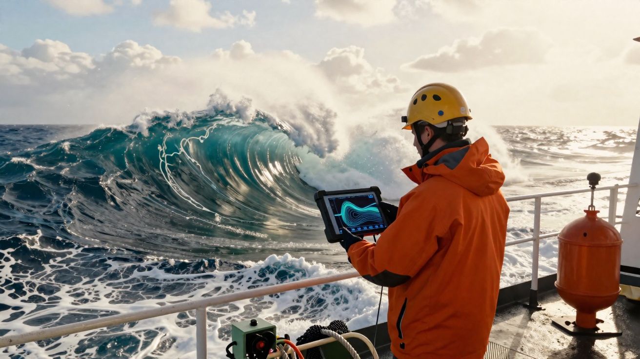 Pessoa com capacete amarelo e casaco laranja usa tablet a bordo de barco em mar agitado com grande onda.