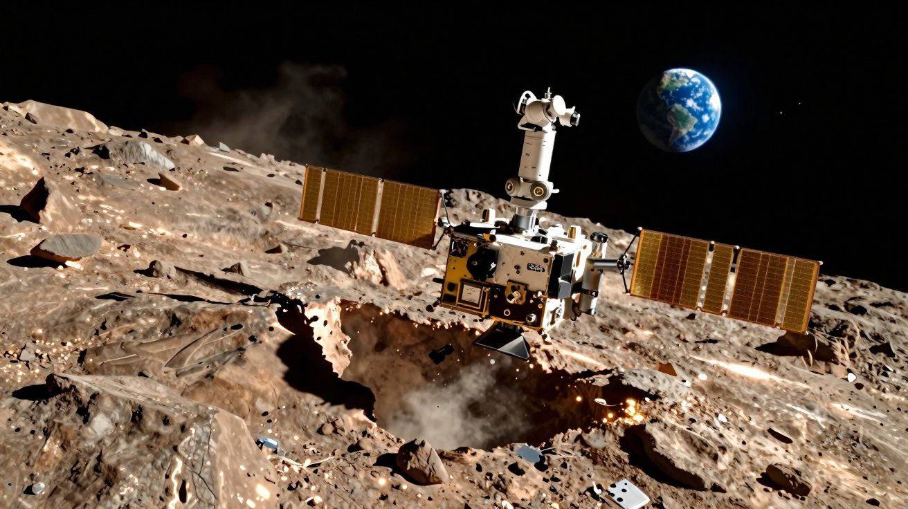 Sonda espacial sobrevoando a superfície rochosa de um asteroide com a Terra visível ao fundo.