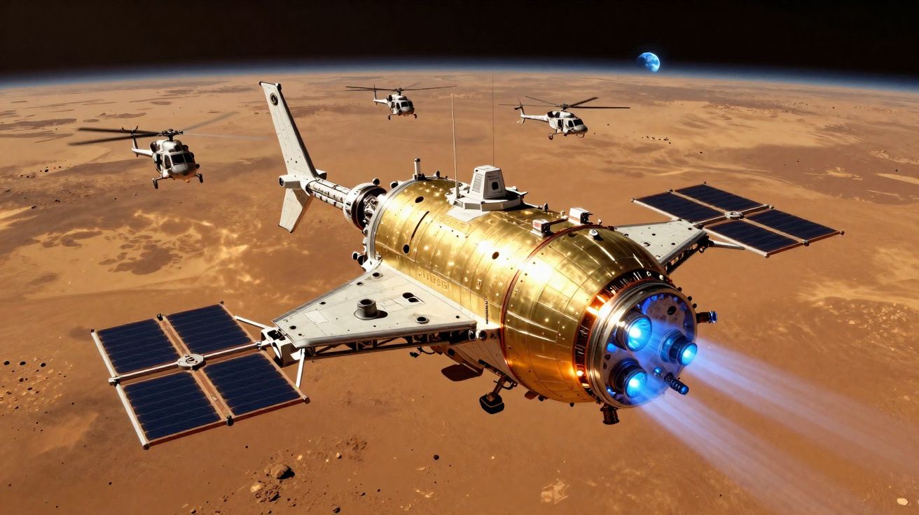 Nave espacial dourada com painéis solares e três helicópteros sobrevoando um planeta vermelho, com a Terra ao fundo.