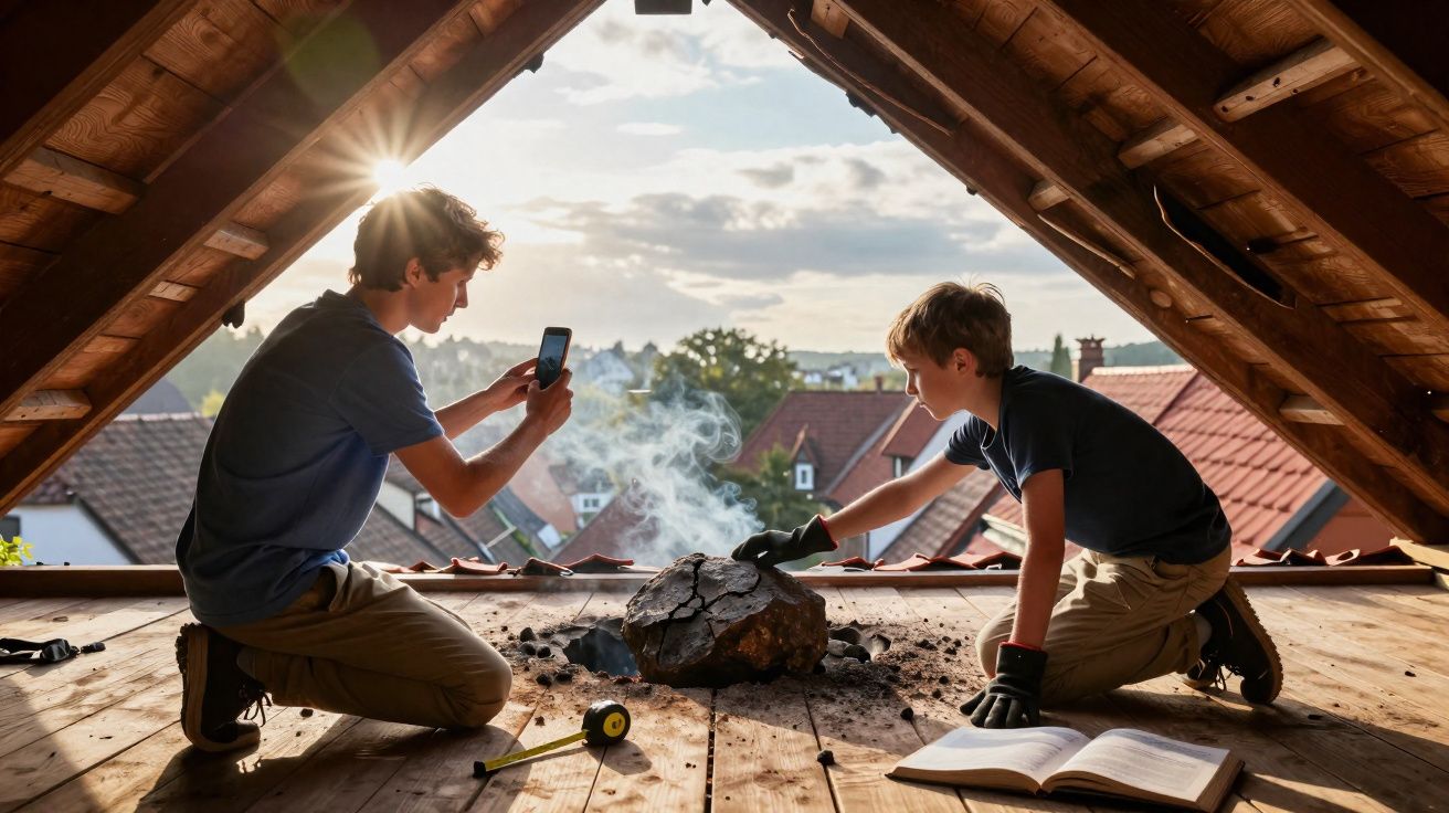 Dois rapazes sentados no sótão a examinar uma rocha fumegante, um tira foto e outro consulta um livro.