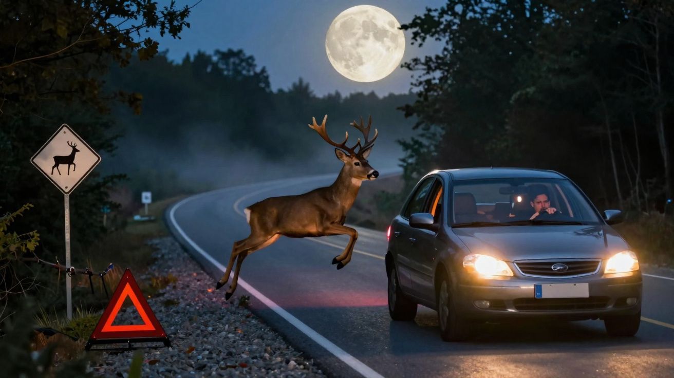 Veado a saltar na estrada à noite, carro parado e lua cheia no céu, sinal de aviso de veados.