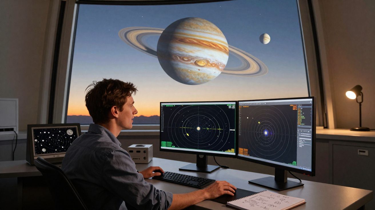 Homem a estudar astronomia em computador com planetas gigantes e anéis numa janela gigante atrás.