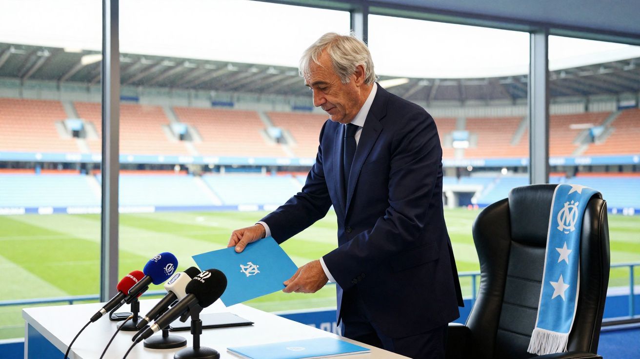Homem de fato azul prepara documentos para conferência em estádio de futebol vazio.