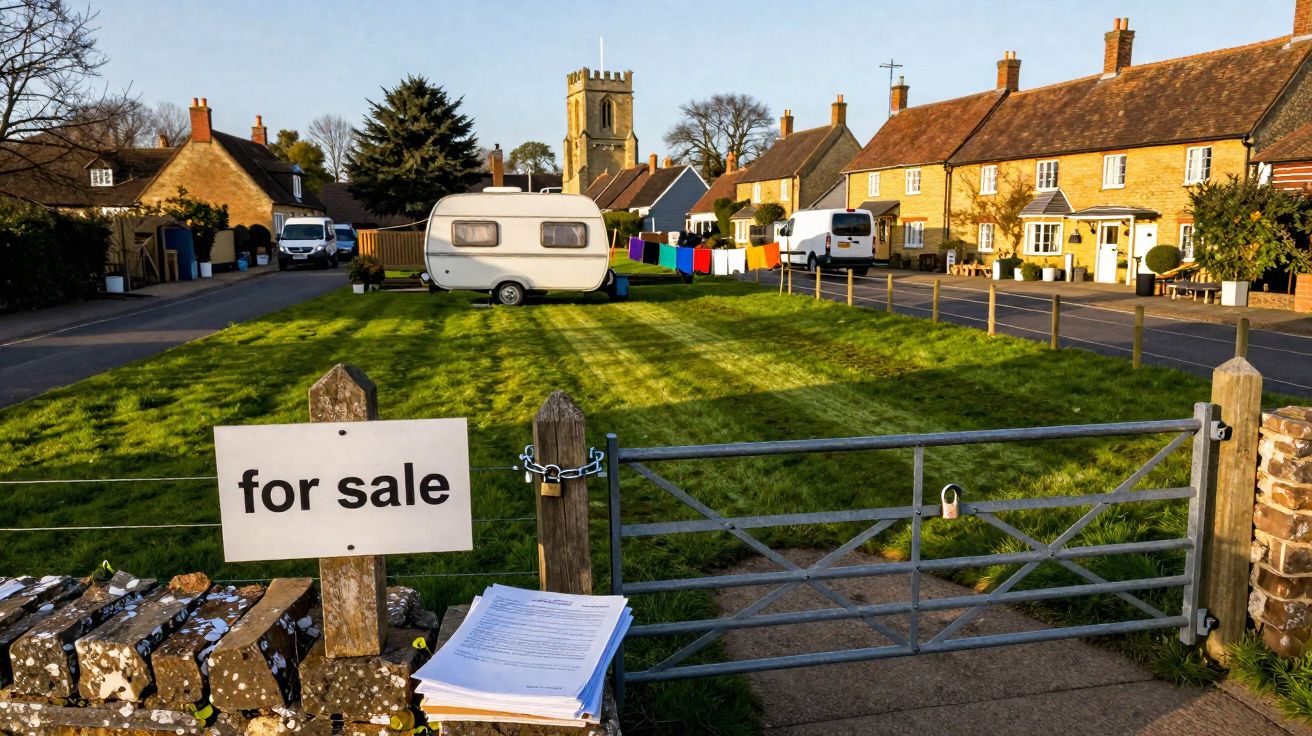 Campo com relvado e trailer à venda, com casas tradicionais e igreja ao fundo numa aldeia rural.