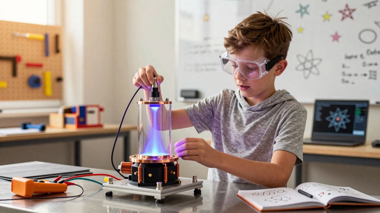 Criança com óculos de proteção a realizar experiência científica com plasma azul numa sala de aula.
