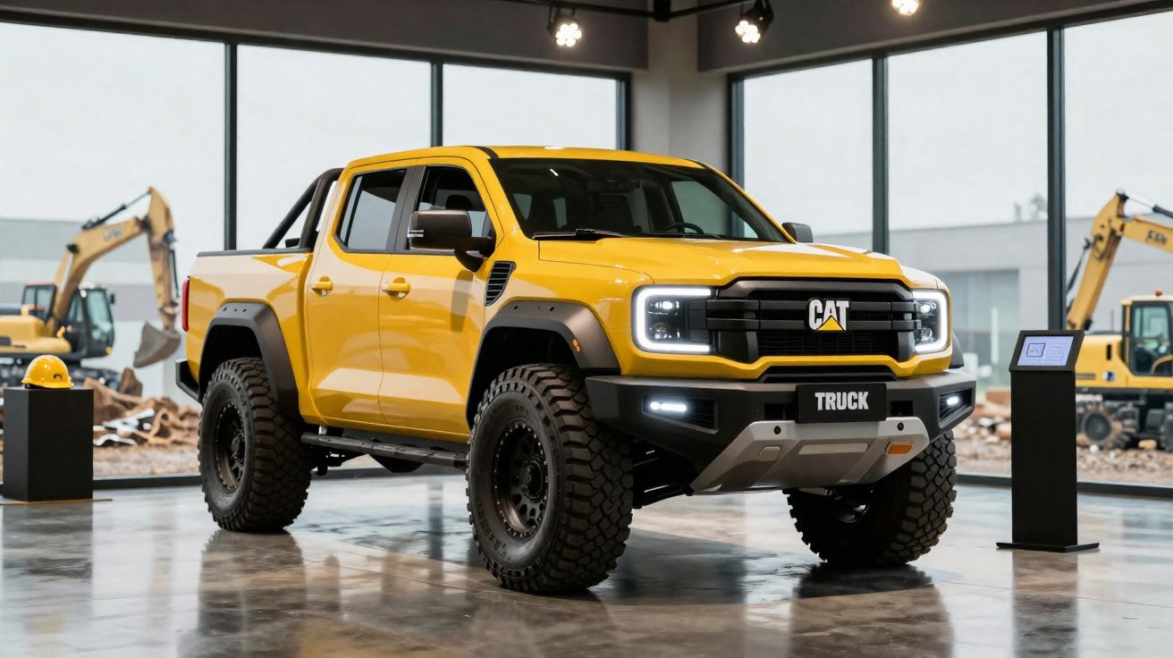 Picape amarela robusta da marca CAT exposta em espaço interior moderno com equipamentos de construção ao fundo.
