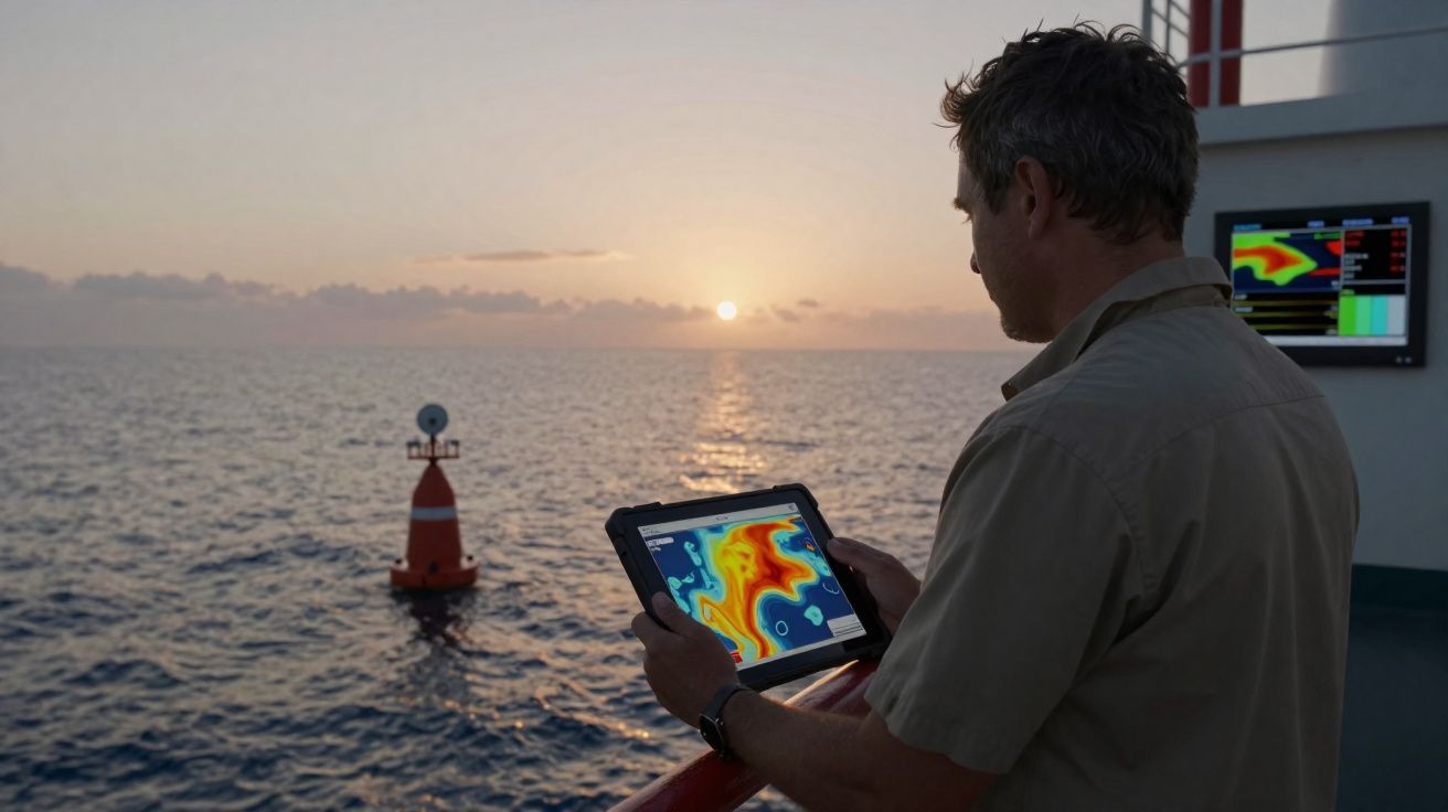 Homem a analisar dados meteorológicos em tablet no convés de um barco ao pôr do sol.