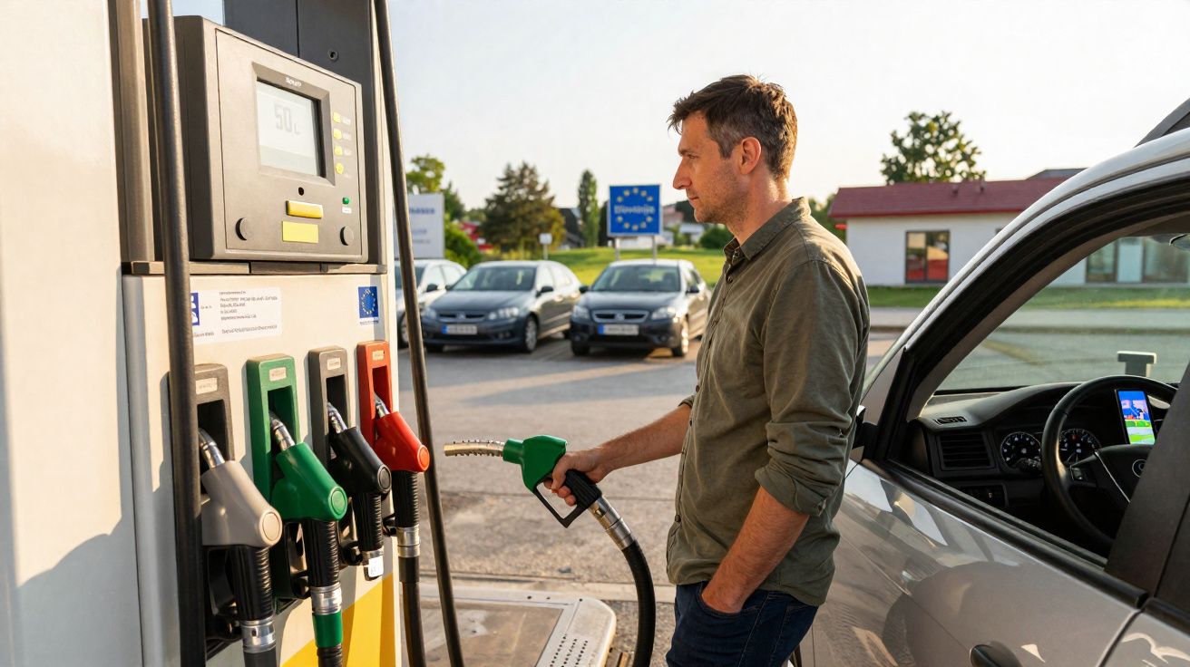 Homem a abastecer carro com gasolina numa estação de serviço ao pôr do sol.