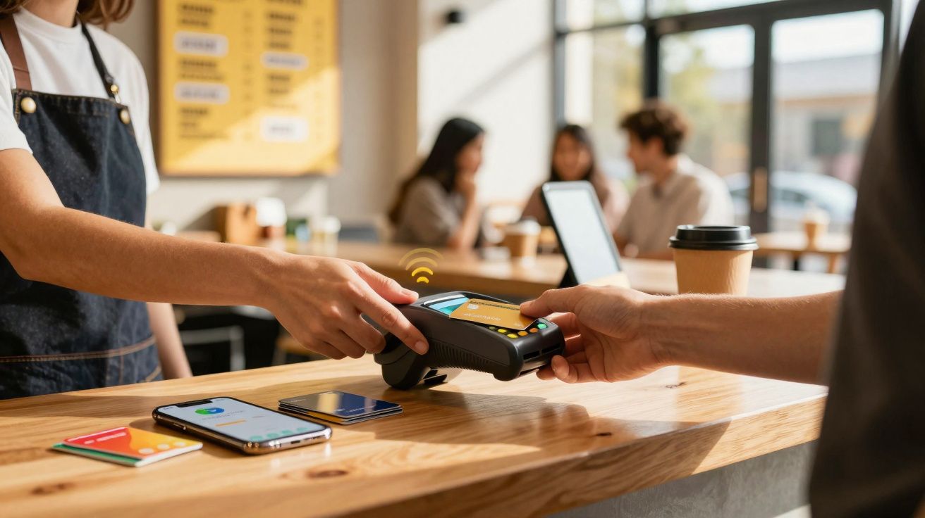 Cliente a fazer pagamento contactless com cartão num terminal numa cafetaria acolhedora.